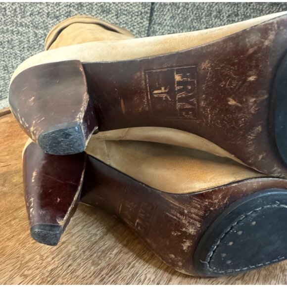 Frye Simone Cuff Mid-Calf Leather Natural Tan Boots With Stacked Heel.Size 8 - Picture 10 of 13